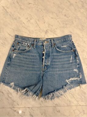 Agolde Light Blue Distressed High-Rise Denim Shorts
